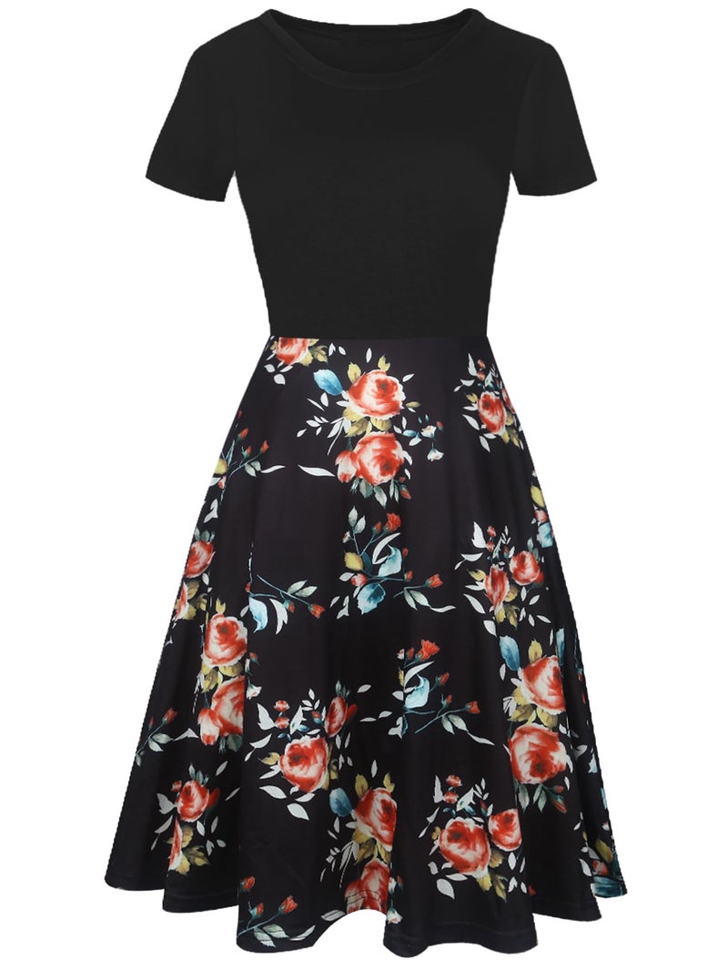 oxiuly Women's Vintage Round Neck Floral Casual Pockets Tunic Party Cocktail Cotton Blend A-Line Summer Dress OX262 (S, Black White FPT) - Image 2